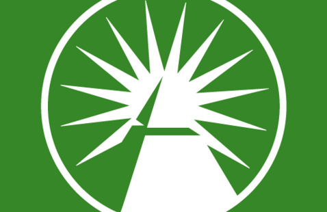 White circular logo showing a sunburst and stylized road/path converging to a triangular horizon on green background