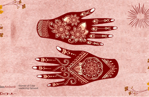 Illustration of 2 hands with henna designs on them, on a pinkish background with flowers