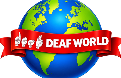 Globe with red ribbon reading DEAF WORLD and four American Sign Language hand signs