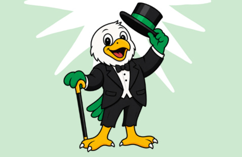 an illustration of scrappy the eagle wearing a suit. he is holding a top hat and a cane.