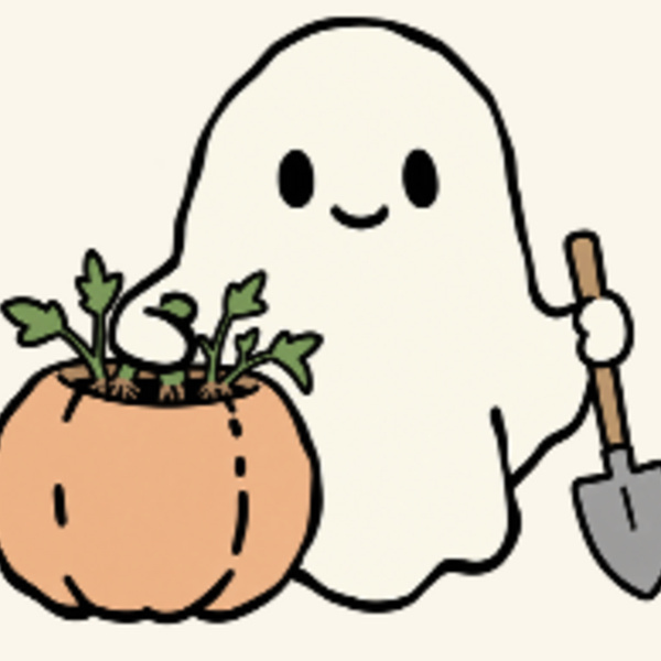 Image of a ghost holding a shovel and pumpkin bucket of weeds