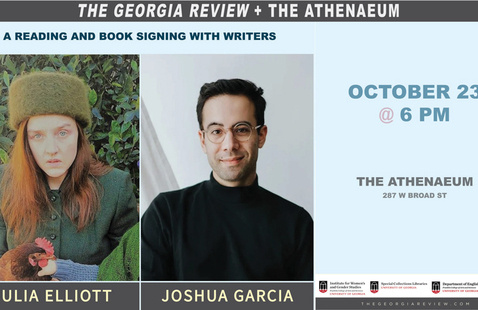 Flyer for a reading and book signing with Julia Elliot and Joshua Garcia