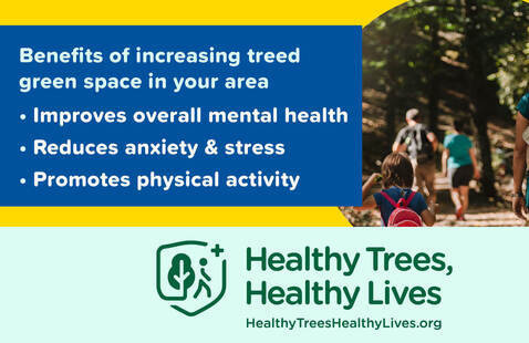 Benefits of increasing treed green space in your area; Healthy Trees, Healthy Lives; people walking on trail in woods