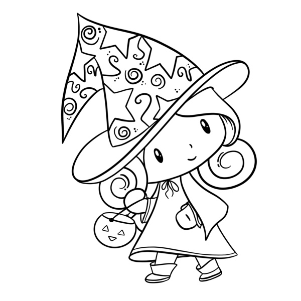 Line cartoon drawing of a girl witch.