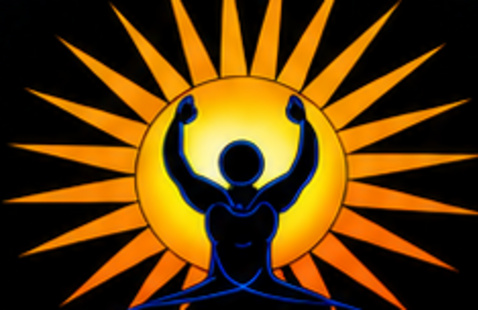A figure poses in front of a sun 