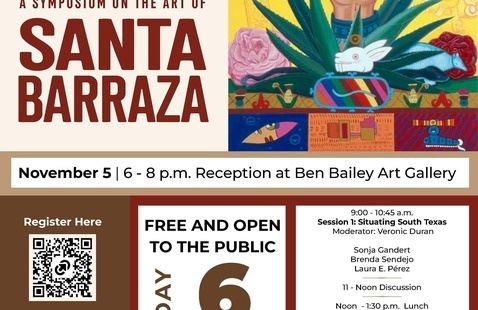 DREAMING NEPANTLA A SYMPOSIUM ON THE ART OF SANTA BARRAZA - hand with heart, agave, dove; Nov 5 rec, Nov 6 Little Theatre