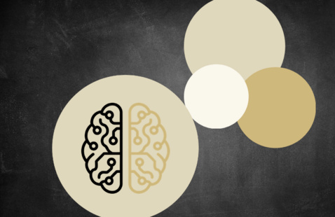 Picture of gold tone circles with a brain graphic