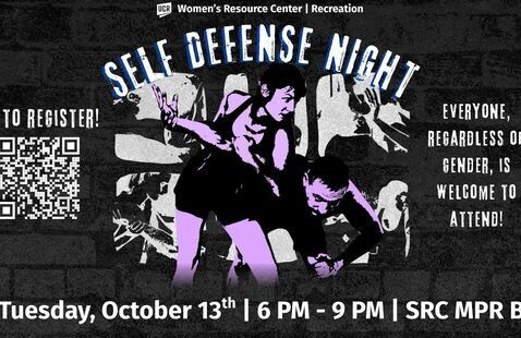 Flyer for Self Defense Night hosted by WRC & Recreation. Provides QR code to register and is $5. Event is held on October 13 from 6-9 PM in the SRC MPR B. Everyone, regardless of gender, is welcome to attend!