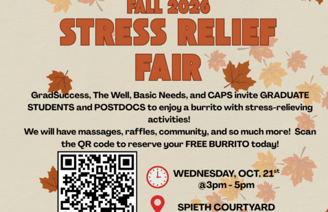Fall leaves on a cream colored backdrop. A flyer with information about the 2026 Fall Stress Relief Fair for Grad Students and Postdocs.
