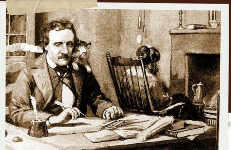 Edgar Allan Poe sits at a desk with a cat on his shoulder.