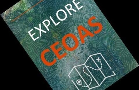 EXPLORE CEOAS on tilted teal poster with contour-map pattern and white folded-map icon.