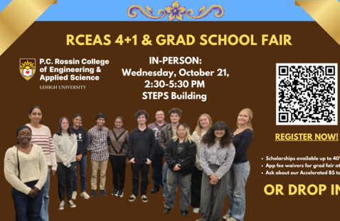 RCEAS 4+1 & Grad Fair Flyer. Photo of Grad student ambassadors. QR code sign in. 