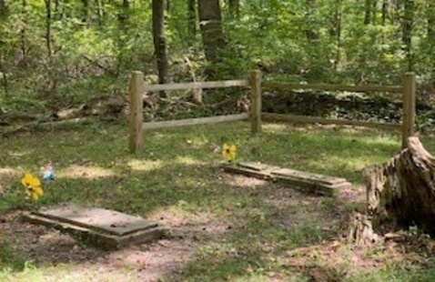 Two gravestones in a shady wooded area 