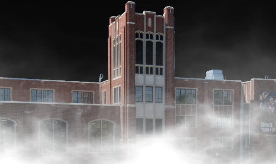 Chester Fritz Library surrounded by fog