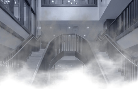north entrance at Chester Fritz Library in black and white and full of fog