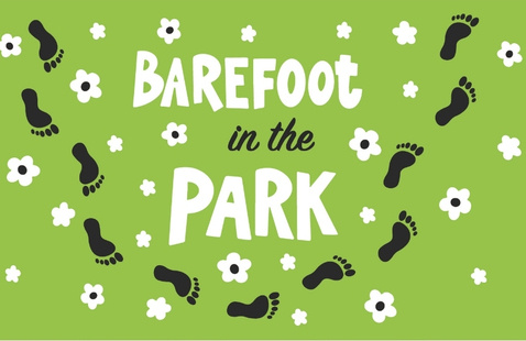 Illustration of flowers and footprints with text in center: Barefoot in the Park
