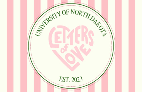 "Letters of Love" arranged in a heart shape with text circling: University of North Dakota, Est. 2023