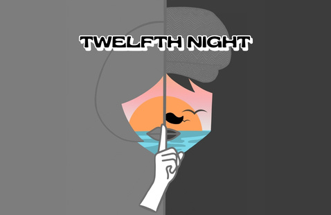 TWELFTH NIGHT - split face graphic divided vertically; white hand shushing center; lower half shows sunset over sea with bird